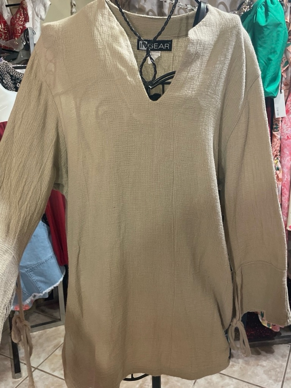 Ingear Beige V-Neck Long Sleeve Tunic with Sleeve Ties